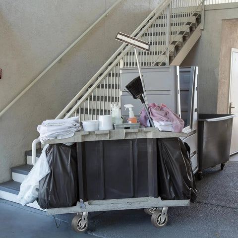 Industrial cleaning cart with supplies on heavy duty caster wheels set of 4 6x2 flat tread rubber casters near stairs