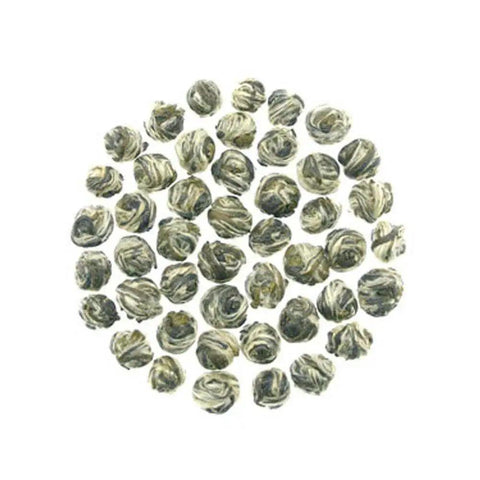 Hand rolled Jasmine Pearl Green Tea Loose Leaf on a white background, showcasing delicate jasmine infused pearls, 3 oz tin pack of 2