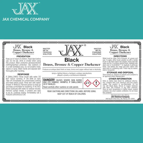 JAX Black Brass, Bronze & Copper Darkener label with directions and safety information visible.