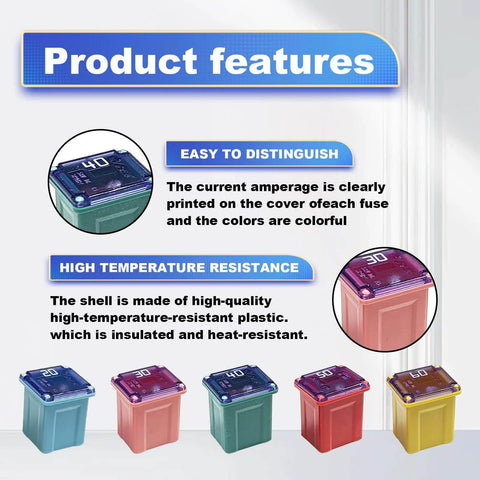 Product features of Jcase Fuse Kit 10 Piece Low Profile Automotive Fuse Set, showing color-coded high-temperature resistant fuses.