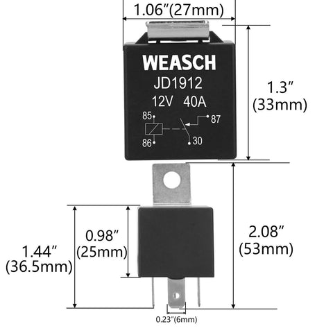 2 Pack JD1912 12V 40A Car Relay SPST Four Pin Waterproof Auto Electrical Switch dimensions front view
