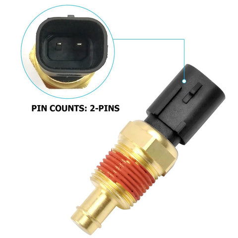 Car engine coolant temperature sensor with brass body, red thread sealant, 2-pin connector; fits Wrangler/Durango