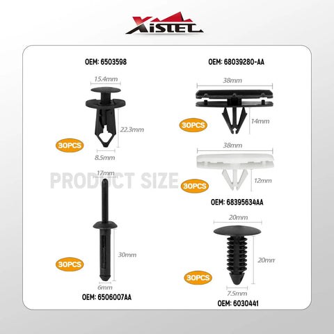 5 In 1 Jeep Wrangler Grille Fastener Kit With Push Type Plastic Rivets showing various sizes and OEM numbers. 151 PCS.