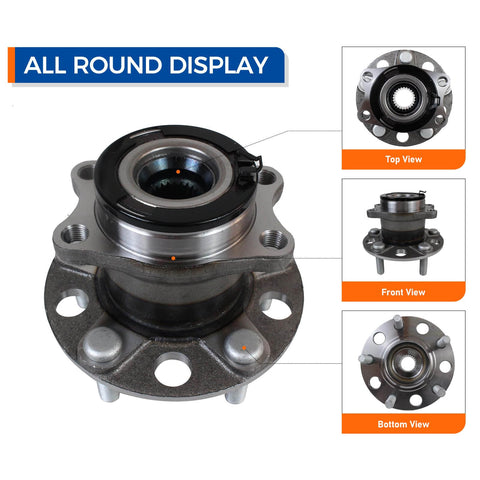 Rear Wheel Bearing And Hub Assembly 512333 For 2007 2017 Jeep Compass 2007 2017 Patriot And 2007 2008 Dodge Caliber Rear Left And Right 4WD And AWD Replacement Direct Fit OE Quality, showing top, front, and bottom view.