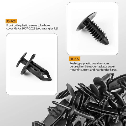 5 In 1 Jeep Wrangler Grille Fastener Kit With Push Type Plastic Rivets For 2007 To 2024 Wrangler JK JL Unlimited And 2005 To 2010 Grand Cherokee Fender Bumper Clips Replacement 151 PCS, close-up of fasteners.