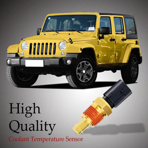 HAOBO engine coolant temperature sensor with brass body and orange seal beside a yellow Jeep Wrangler.