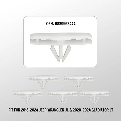 5 In 1 Jeep Wrangler Grille Fastener Kit With Push Type Plastic Rivets For 2007 To 2024 Wrangler JK JL Unlimited And 2005 To 2010 Grand Cherokee Fender Bumper Clips Replacement 151 PCS, shown with white plastic clips for 2018-2024 Jeep Wrangler JL and 2020-2024 Gladiator JT