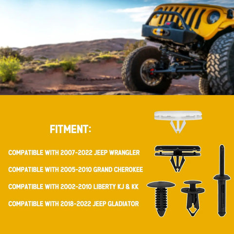 5 In 1 Jeep Wrangler Grille Fastener Kit With Push Type Plastic Rivets For 2007 To 2024 Wrangler JK JL Unlimited And 2005 To 2010 Grand Cherokee Fender Bumper Clips Replacement 151 PCS image with product fitment details.