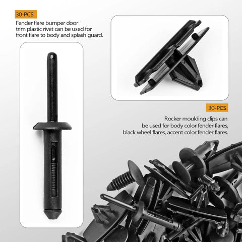 Close-up of black nylon fasteners from 5 In 1 Jeep Wrangler Grille Fastener Kit With Push Type Plastic Rivets For 2007 To 2024 Wrangler JK JL Unlimited And 2005 To 2010 Grand Cherokee Fender Bumper Clips Replacement 151 PCS, showing different rivet types.