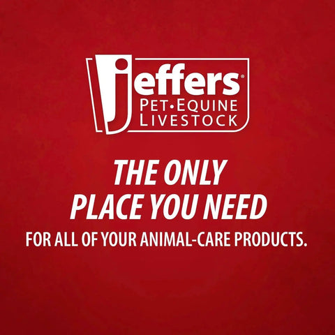 Jeffers logo on red background with text about animal-care products.
