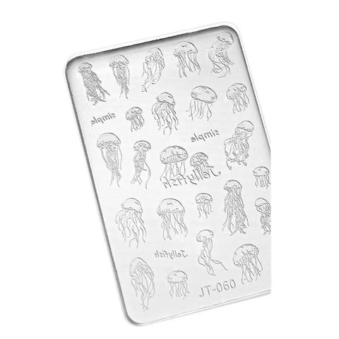 Jellyfish design stamping plate with engraved patterns for nail art crafting.