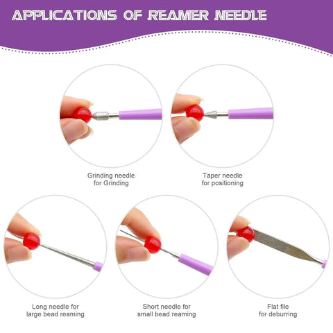 Diagram showing different uses of the Bead Reamer Set For Jewelry Making Five Piece Stainless Steel Bead Hole Enlarger Tool with handles