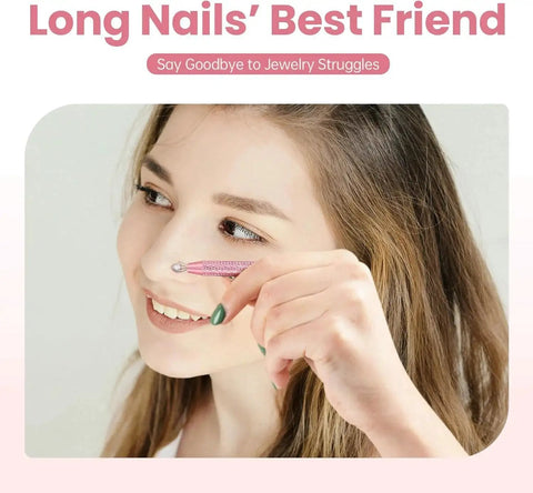 Woman using jewelry tool with long nails, captioned 'Long Nails’ Best Friend', highlighting ease of use for jewelry handling.
