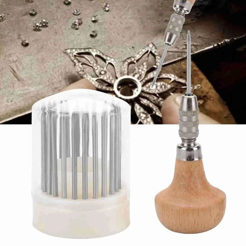 Pro Grade 23 Piece Jewelry Engraving Tools Set With Bead Reamer, 23 Sizes 1 To 23mm, Metal Stone Setting Tools, Diamond Setting Tools, Wooden Handle And Storage Box For Jewelry Making And Beading, showcasing wooden handle and tool set in clear box with jewelry engraving work in progress.