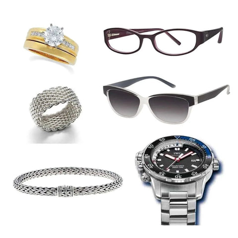 Assorted jewelry, glasses, and watch for Ultrasonic Jewelry And Eyewear Cleaning Solution Concentrate 8 Oz Blue For Watches Glasses Jewelry.