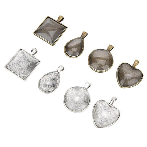 Necklace Base Tray Pendant Mold Kit For DIY Jewelry Making With 60 Pieces Of Metal And Plastic Shapes displayed on a white background