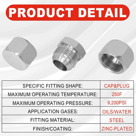Close-up of Heavy Duty 72 Piece JIC 37 Degree Cap And Plug Kit Ready To Roll Carbon Steel Zinc Plated with specifications.