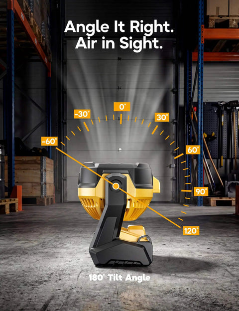 Cordless Jobsite Camping Fan Compatible With DeWalt 20V Max Battery LED Lights Adjustable Speed 1300 To 2200 RPM Hanging Hook Battery Not Included Corded Option Black showing 180-degree tilt angle in warehouse