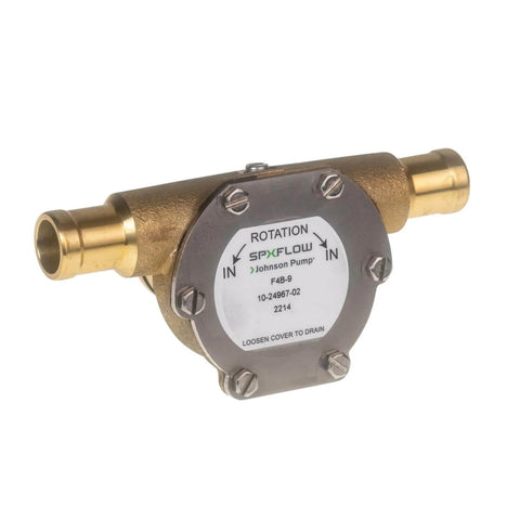 Johnson Pump 10-24967-02 F4B-9 Impeller Pump front view showing brass casing and rotation label.