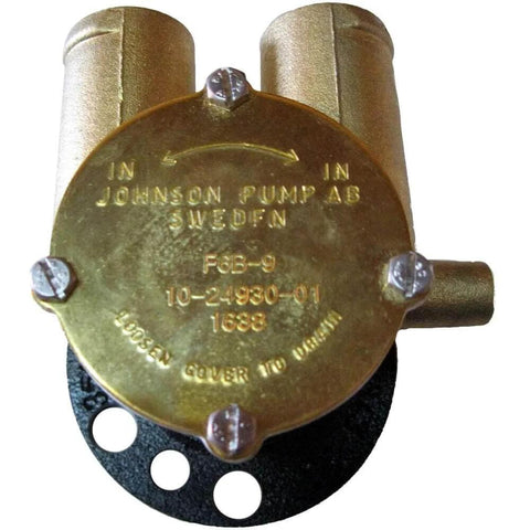 Front view of Johnson Pump F6B-9 Engine Impeller Pump with HS Crankshaft, showing brass inlet and outlet ports.