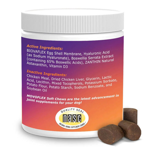 Joint Support Soft Chews For Large Dogs 80 Lb And Up 120 Count MoVoFlex container with ingredient list visible