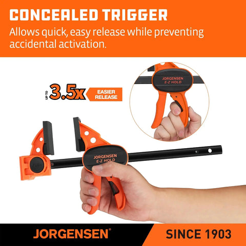 Six Inch Bar Clamps For Woodworking Four Pack With One Hand Light Duty EZ Hold Spreader Clamp 200 Lbs Capacity Versatile Easy To Use Design For Precise Positioning Quick Adjustments And Strong Glue Ups Jorgensen