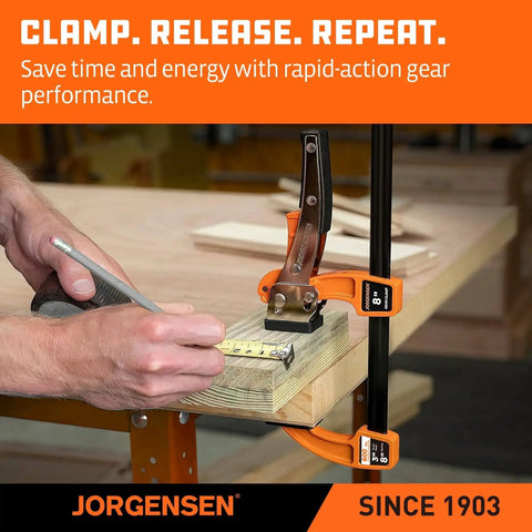 Beefy 8 Inch Bar Clamp Set With Quick Release For Woodworking Projects holding wooden board on workbench