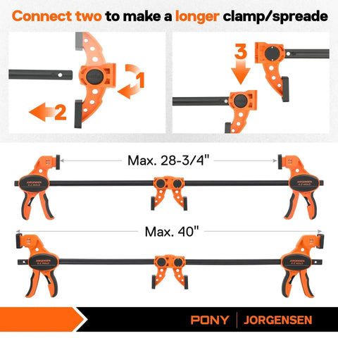 Heavy Duty Woodworking Bar Clamps 12 Inch One Handed Quick Grip Clamp Set Two Pack With 300 Lb Load Limit Indicator And Spreader Function EZ Hold F Style Clamps Jorgensen For Woodworking Projects And Cabinet Making shown extended to 40 inches