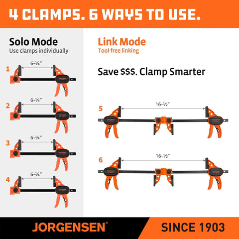 Diagram showing Six Inch Bar Clamps For Woodworking Four Pack With One Hand Light Duty EZ Hold Spreader Clamp 200 Lbs Capacity