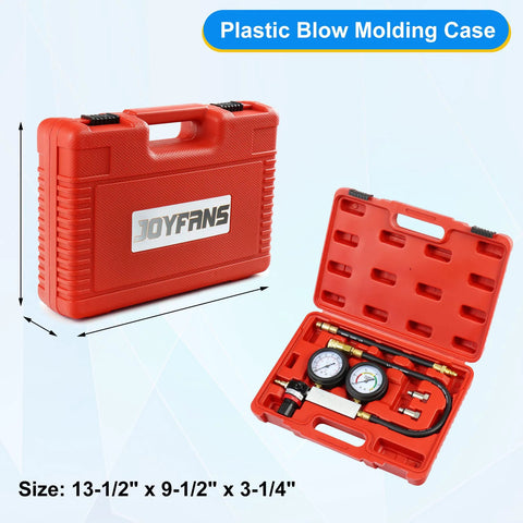 JoyFans cylinder leak-down tester kit in a red plastic case with dual pressure gauges.
