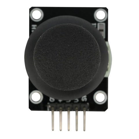 Top view of a Six Dual Axis XY Joystick Module KY 023 with a black knob, five-pin connector, suitable for Arduino and Raspberry Pi.