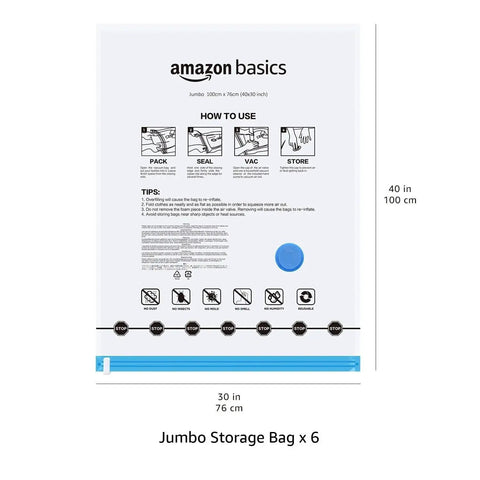 Vacuum Storage Bags For Clothes With Hand Pump, Space Saving Jumbo Compression Bags Set Of Six, Heavy Duty And Stackable Clear Bags For Bedding And Bulky Textiles, Ideal For Under Bed Or Wardrobe Organization, showing front view with usage instructions
