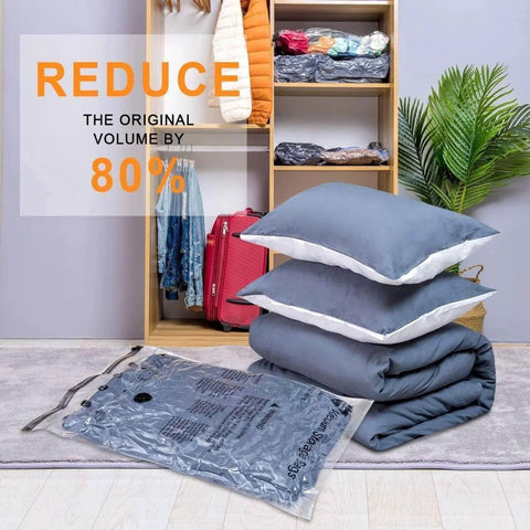 Jumbo Vacuum Storage Bags 12 Pack For Blankets Comforters Pillows Clothes Space Saver With Double Seal Zipper in use with bedding