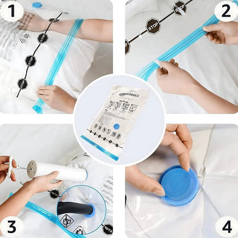 Vacuum Storage Bags For Clothes With Hand Pump, Space Saving Jumbo Compression Bags Set Of Six, sealing and air removal process.