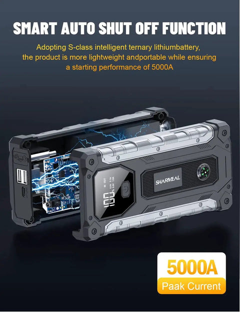 High Power 5000A Car Jump Starter Lithium Battery Pack with LED Light, open view showing internal components and USB ports