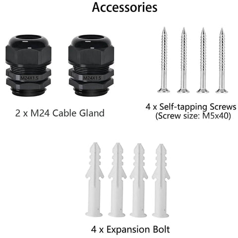 Accessories for Outdoor IP65 Waterproof Junction Box; two M24 cable glands, four M5x40 self-tapping screws, and four expansion bolts.