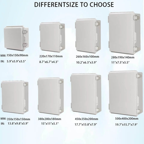 Eight different sizes of IP67 Waterproof Junction Box With Hinged Cover, Heavy Duty Stainless Steel Latch, Plastic Enclosure.