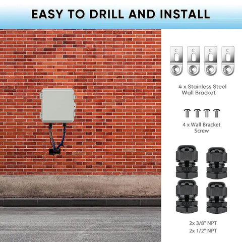 Waterproof Junction Box Outdoor Electrical Enclosure IP67 Hinged Cover Project Box installed on brick wall with mounting kits.