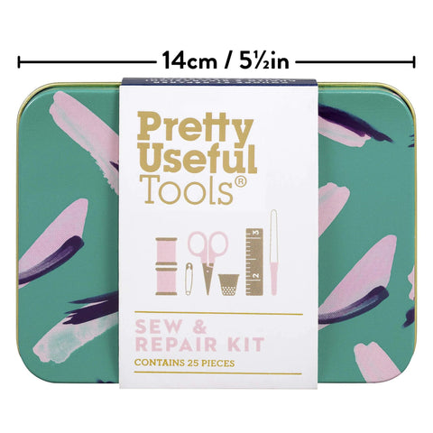 25-Piece Emergency Travel Mini Sew And Repair Kit In Jungle Camo, compact tin with sewing tools, 14cm by 5.5in size.