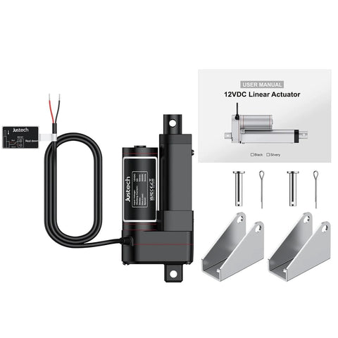 Justech 12V heavy-duty linear actuator kit with black actuator, controller, silver mounting brackets and hardware