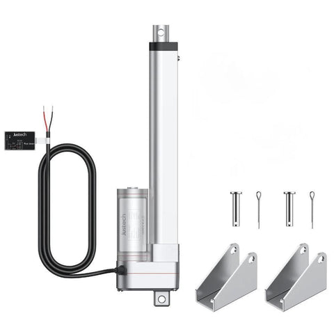 Justech 12V heavy-duty linear actuator with 8in stroke, silver finish, includes two mounting brackets and control module.