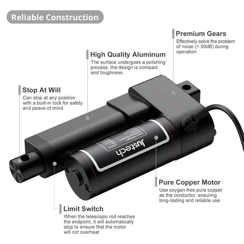 Justech 12V heavy-duty linear actuator with bracket, black aluminum body and motor, 50mm stroke
