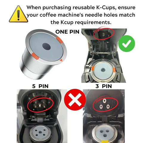 Universal stainless steel reusable K cups for Keurig 1.0 and 2.0 machines showing compatibility with one-pin brewers.