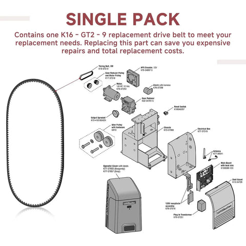 Diagram of K16-GT2-9 Drive Belt Replacement for LiftMaster RSL12U and RSL12UL with assembly components and instructions.