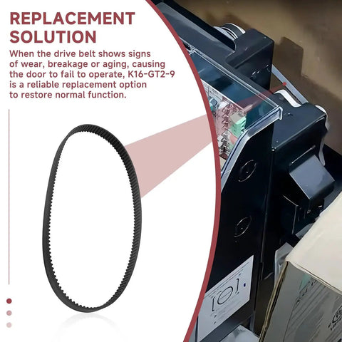 K16-GT2-9 Drive Belt Replacement For LiftMaster RSL12U And RSL12UL shown next to a sliding door operator, highlighting installation