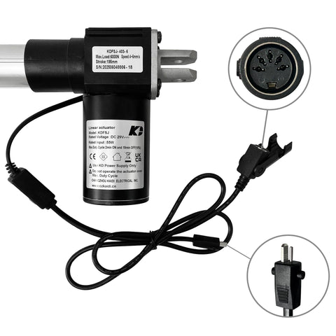Kaidi linear actuator for power recliner chairs, side view, model KDFSJ-403-6, black motor with silver rods
