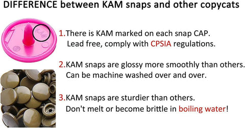 Comparison of KAM snaps highlighting features such as lead-free CPSIA compliance, glossy finish, durability, and heat resistance.