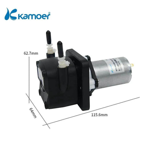 Side view of Small peristaltic pump 12V dc motor Kamoer KPHM200 with size dimensions, ideal for high flow laboratory use