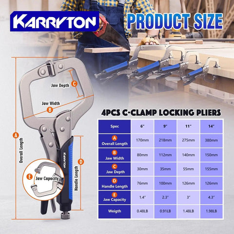 Heavy Duty C Clamp Locking Pliers Set With Swivel Pads And Rubber Soft Grips For Precise Welding And Woodworking Projects Includes 6 Inch 9 Inch 11 Inch And 14 Inch Pliers Carbon Steel Construction Ideal DIY Clamp Tools By KARRYTON, shown with size chart and specifications.