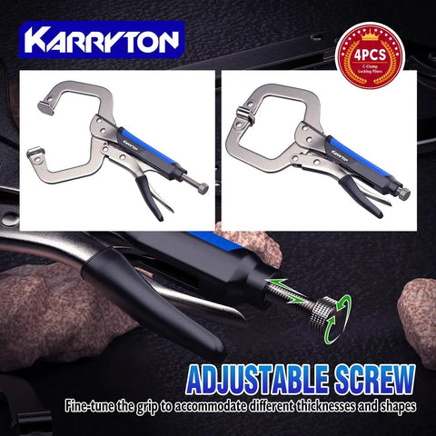 Heavy Duty C Clamp Locking Pliers Set With Swivel Pads And Rubber Soft Grips For Precise Welding And Woodworking Projects Includes 6 Inch 9 Inch 11 Inch And 14 Inch Pliers Carbon Steel Construction Ideal DIY Clamp Tools By KARRYTON, featuring adjustable screw mechanism.